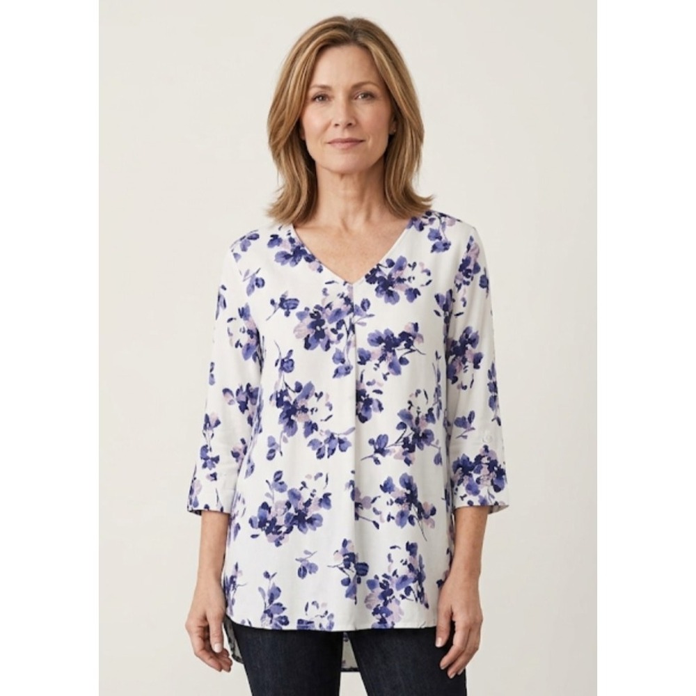 J. Jill Shirt Women's S Petite Tunic Floral Rayon Nylon Mature Coastal VNeck 208